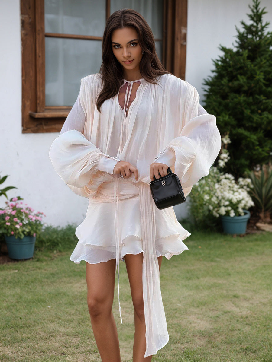 Apricot Lantern Sleeve Tie Ruffles Wedding Guest Dresses