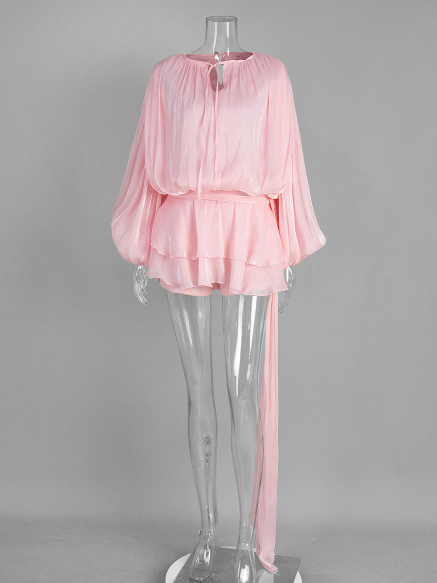 Candy Pink Lantern Sleeve Tie Ruffles Wedding Guest Dresses