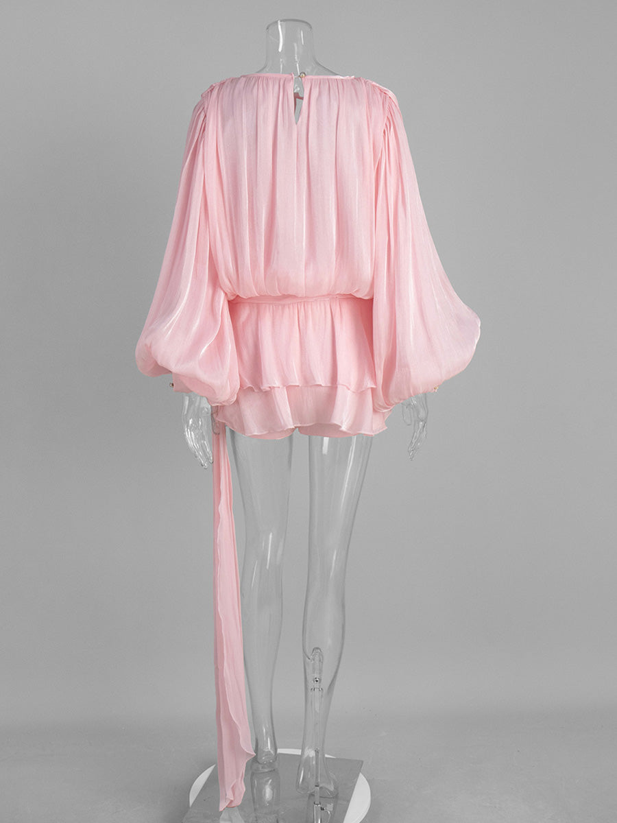 Candy Pink Lantern Sleeve Tie Ruffles Wedding Guest Dresses