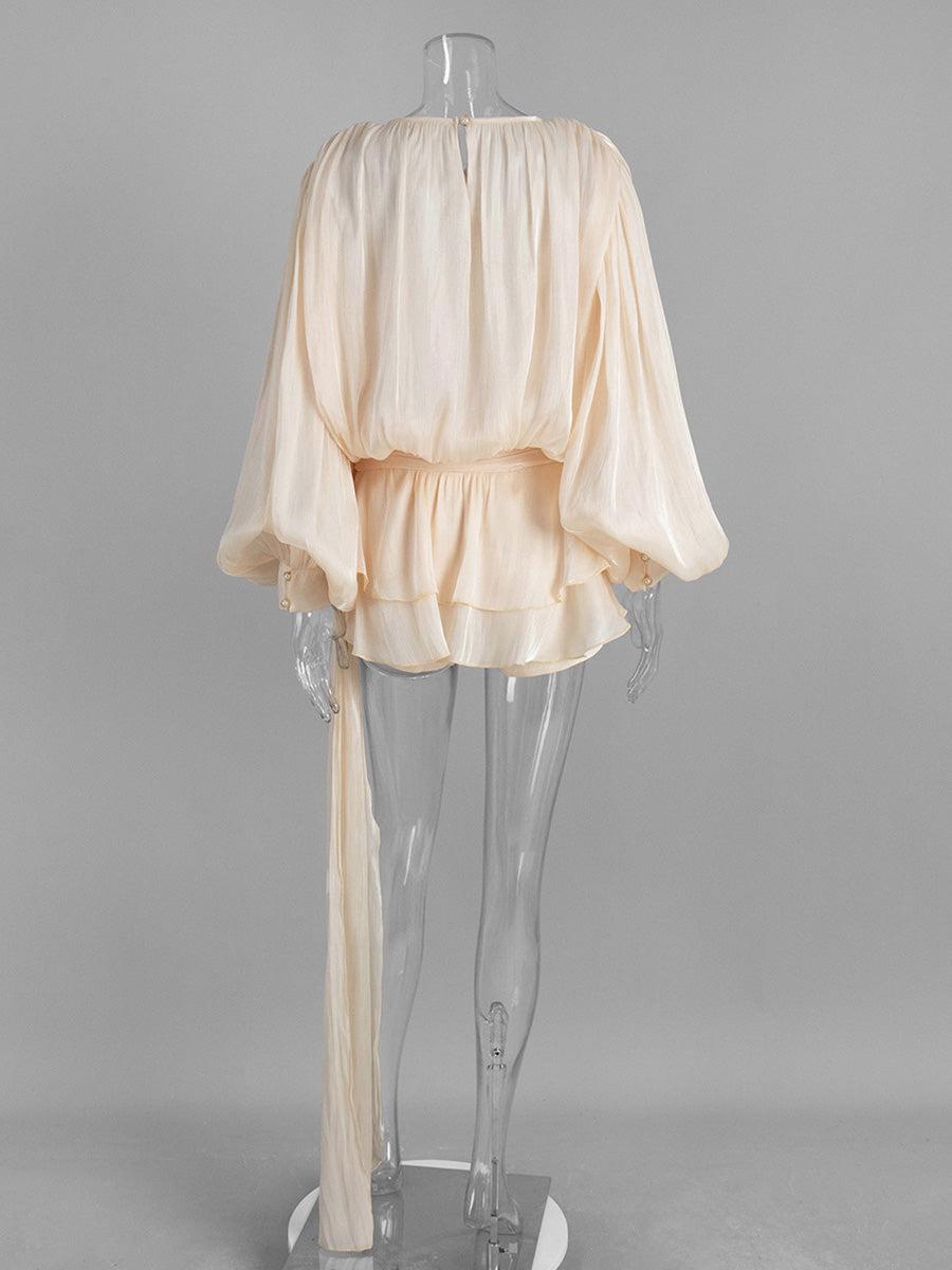 Apricot Lantern Sleeve Tie Ruffles Wedding Guest Dresses
