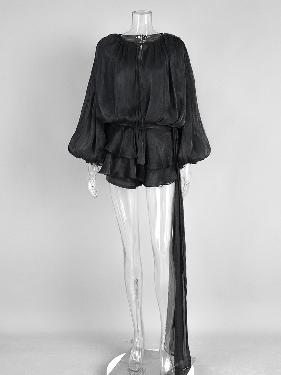 Black Lantern Sleeve Tie Ruffles Wedding Guest Dresses