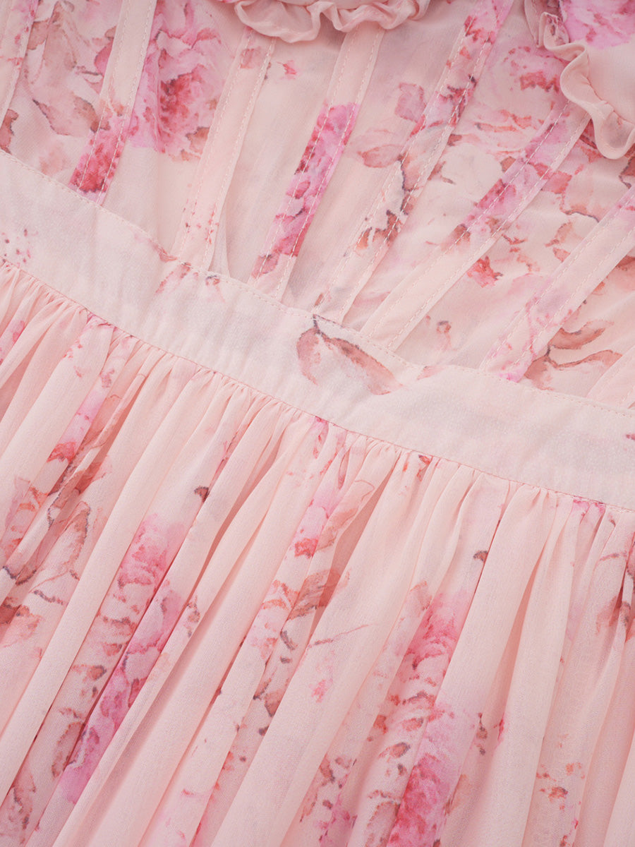 Pretty Floral Long Pink Chiffon Prom Dresses With Long Sleeves