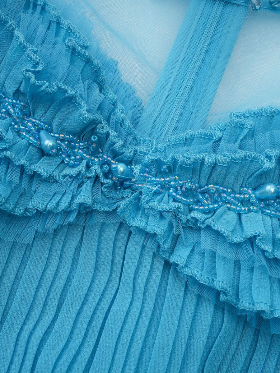 Pretty Blue Chiffon Long Sleeves Beading Prom Dresses