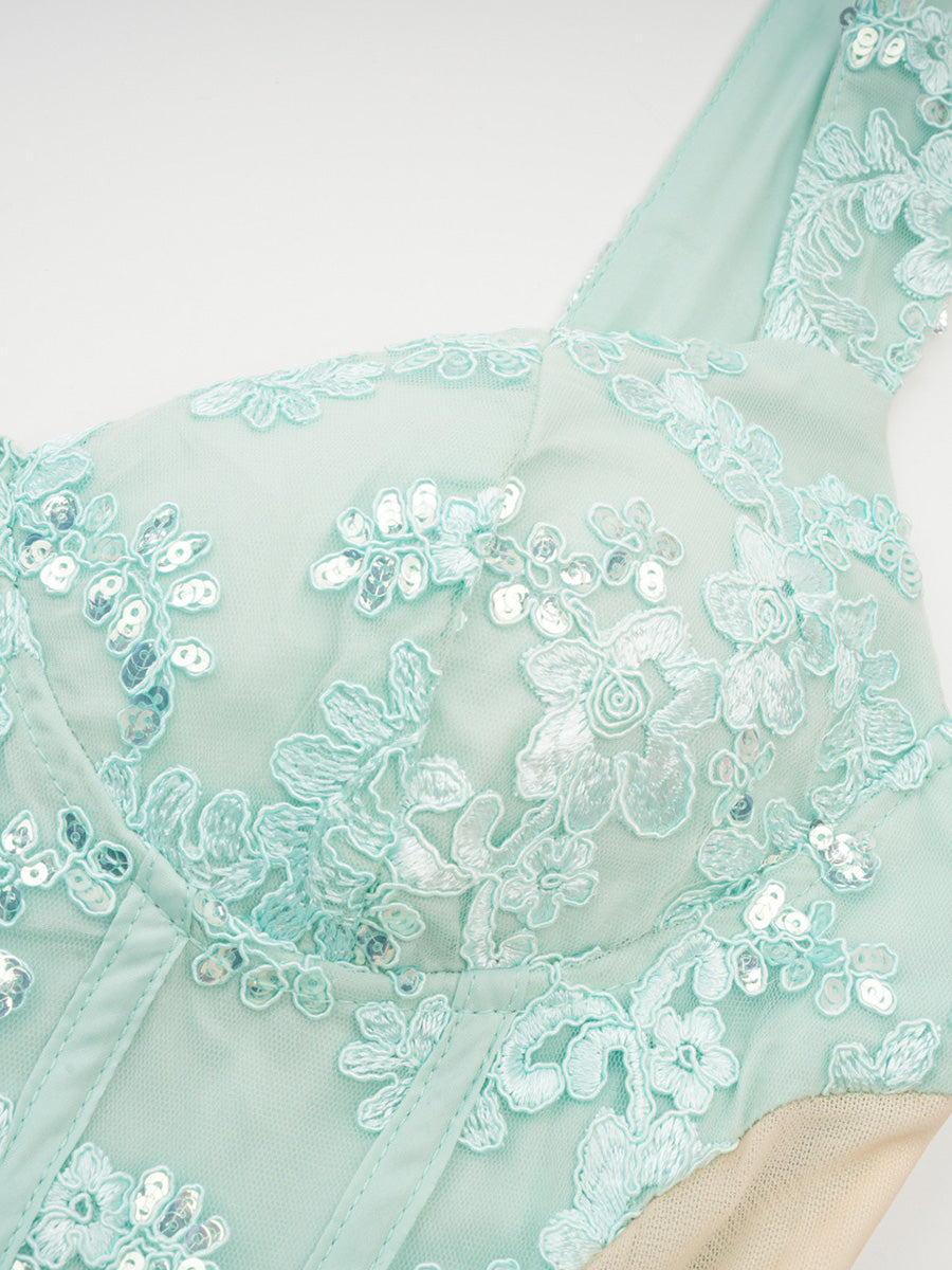 Pretty Mint Green Sequin Lace Sleeveless Layers Long Prom Dresses