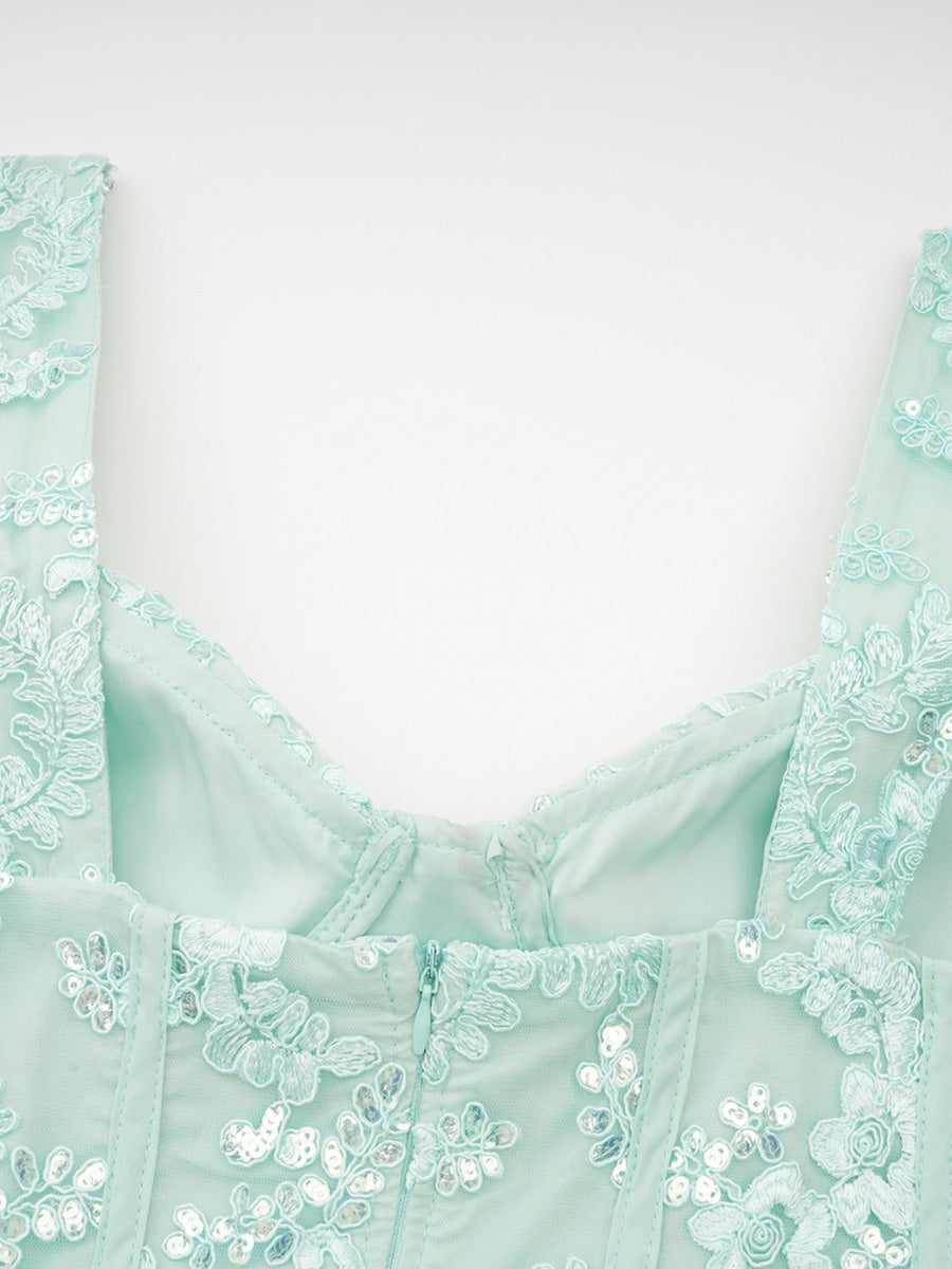 Pretty Mint Green Sequin Lace Sleeveless Layers Long Prom Dresses