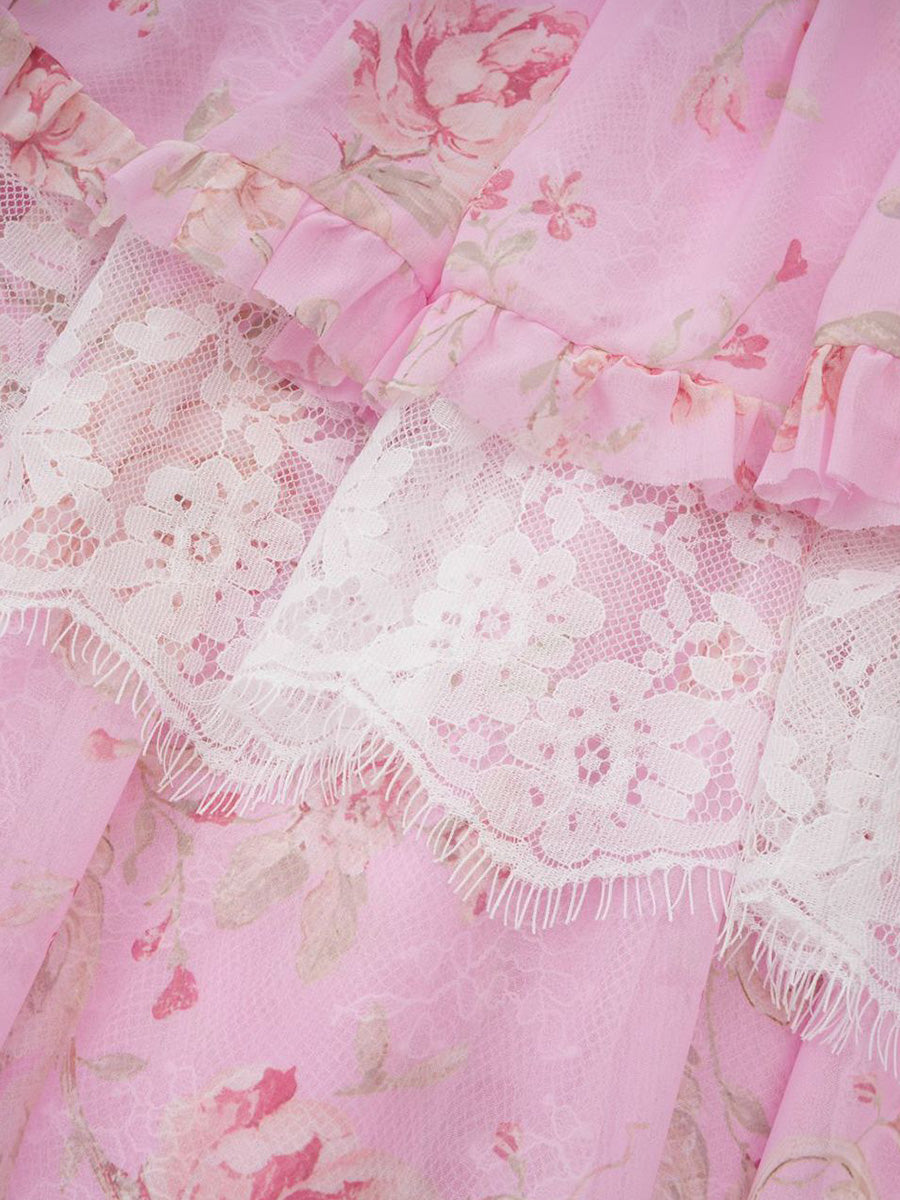 Girly Pink Floral Lace Chiffon Layers Long Prom Dresses