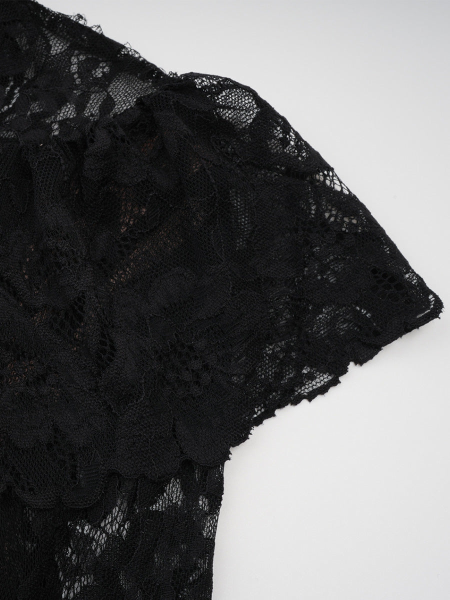 Vintage Sheath Black Lace Long Prom Dresses With Trumpet Sleeves
