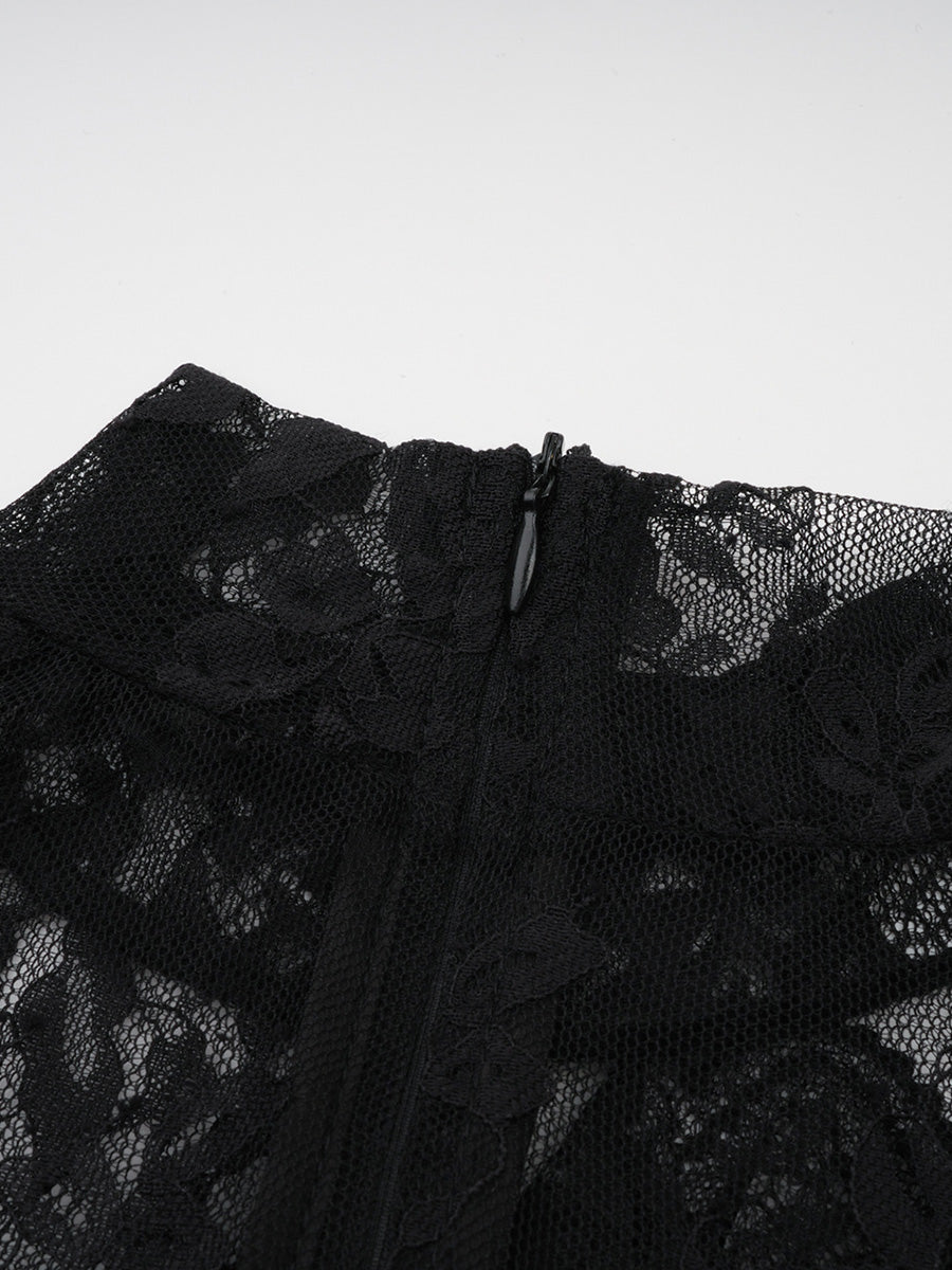 Vintage Sheath Black Lace Long Prom Dresses With Trumpet Sleeves