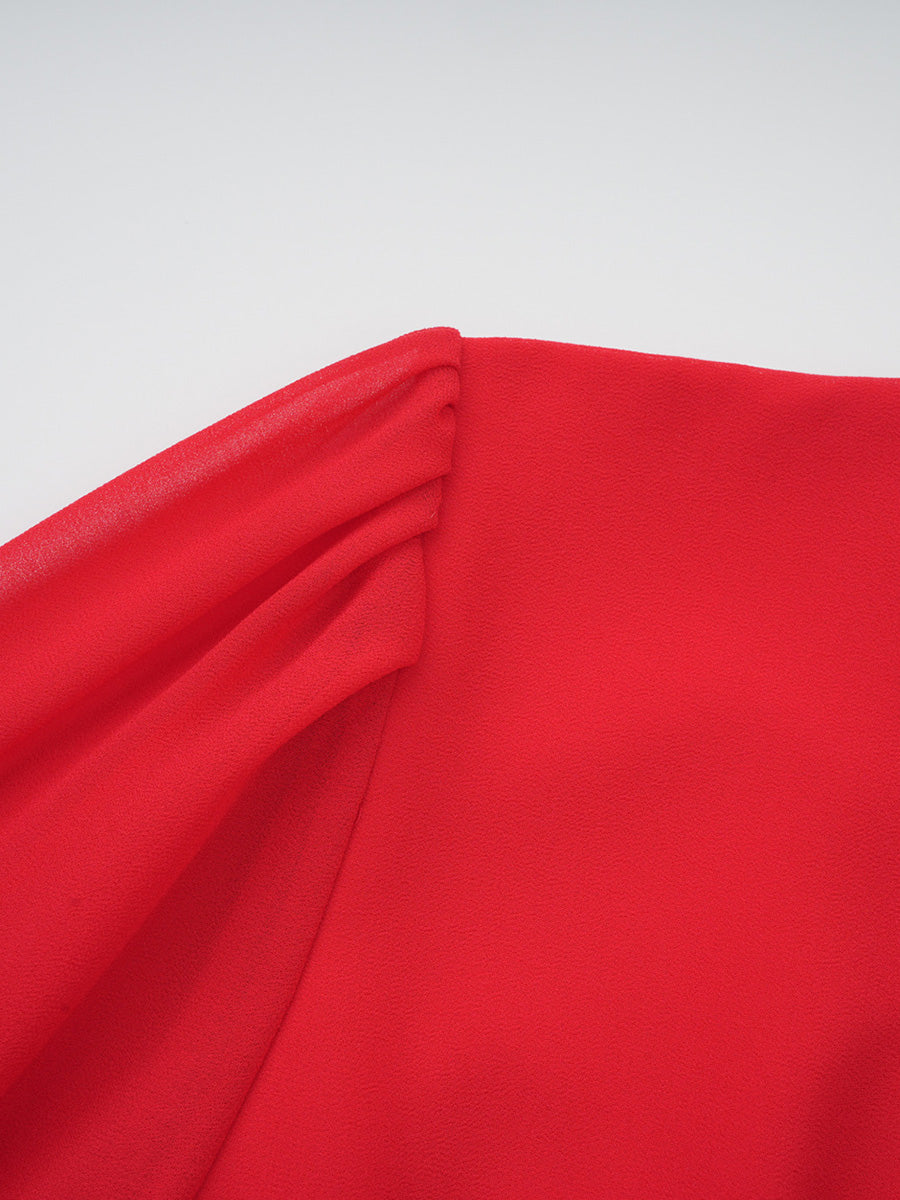Modest Red Long Sleeves V-neck Chiffon Prom Dresses