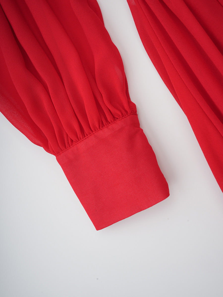 Modest Red Long Sleeves V-neck Chiffon Prom Dresses