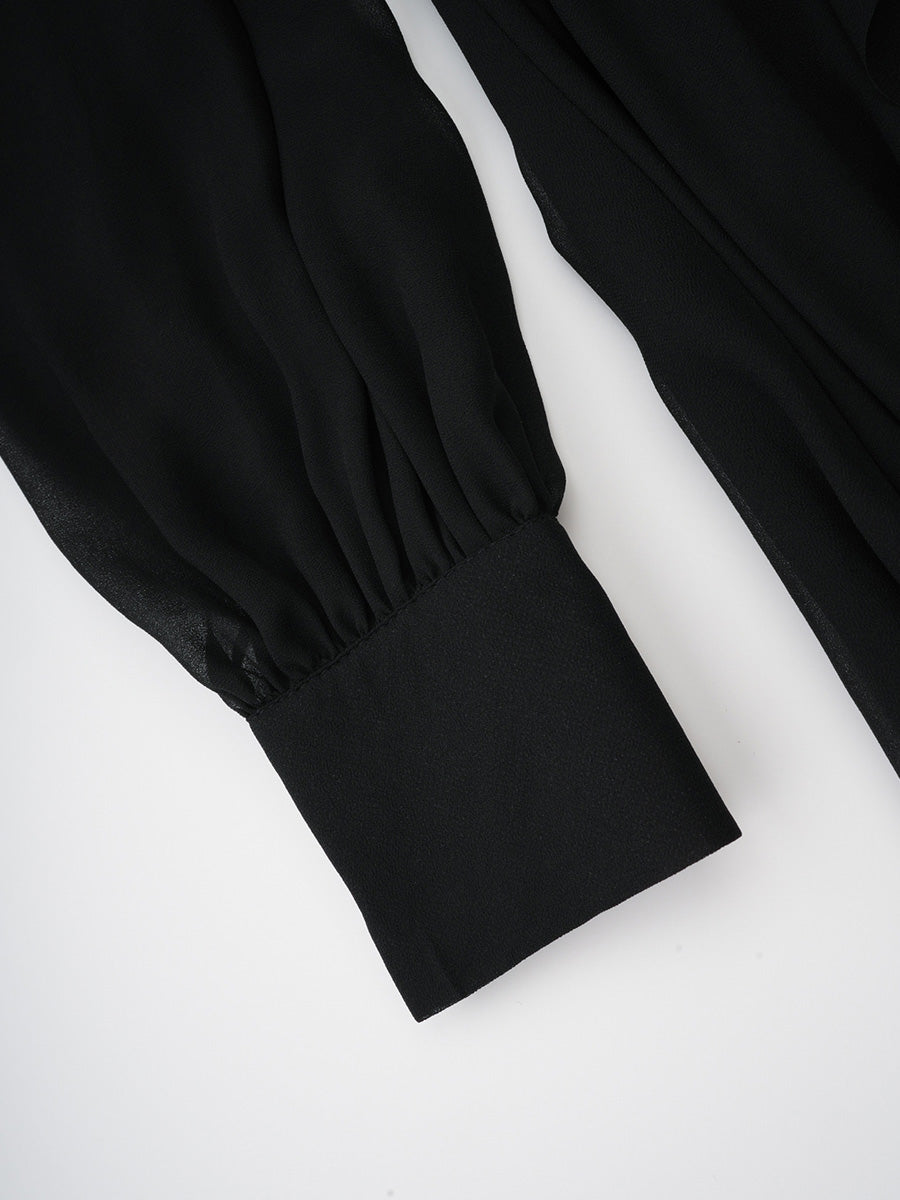 Formal Black V-neck Long Chiffon Prom Dresses With Sleeves