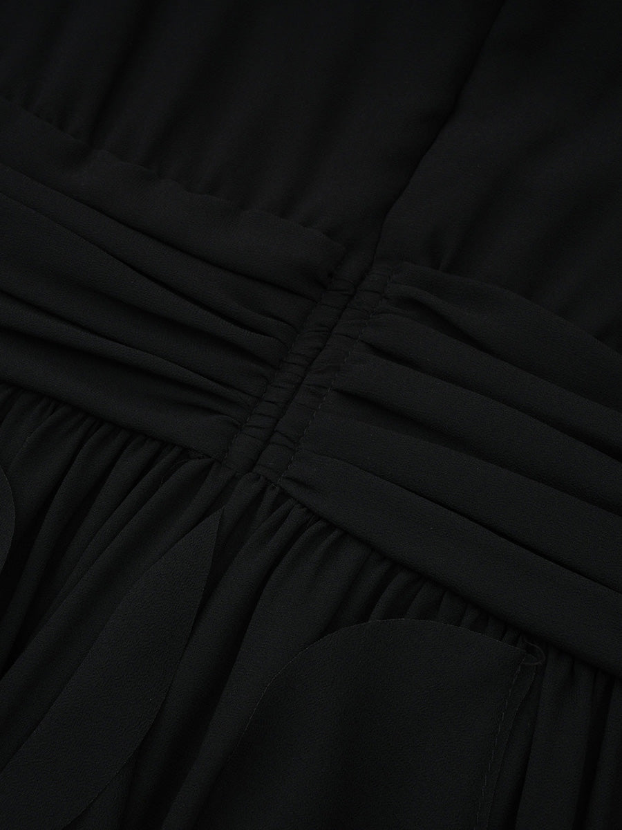 Formal Black V-neck Long Chiffon Prom Dresses With Sleeves