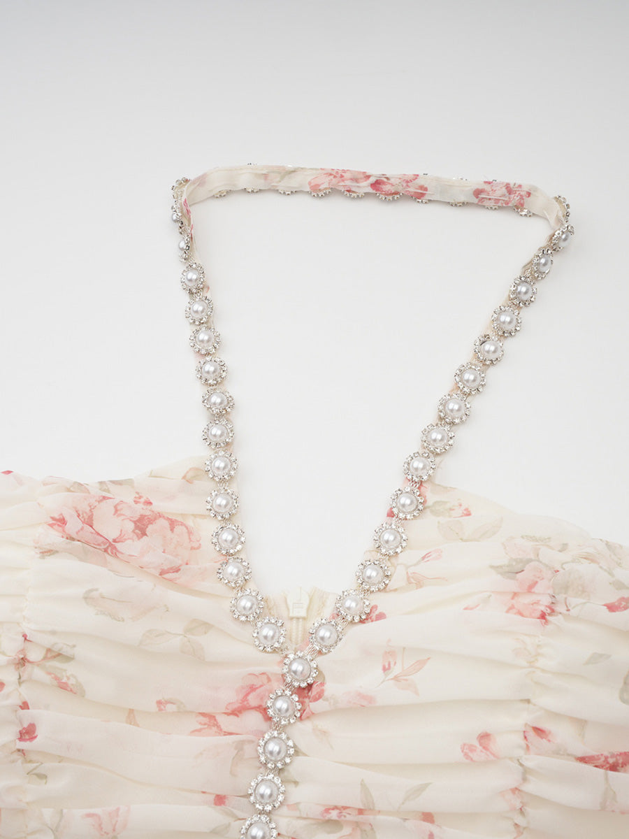 Light Champagne Sleeveless Halter Chiffon Floral Prom Dresses