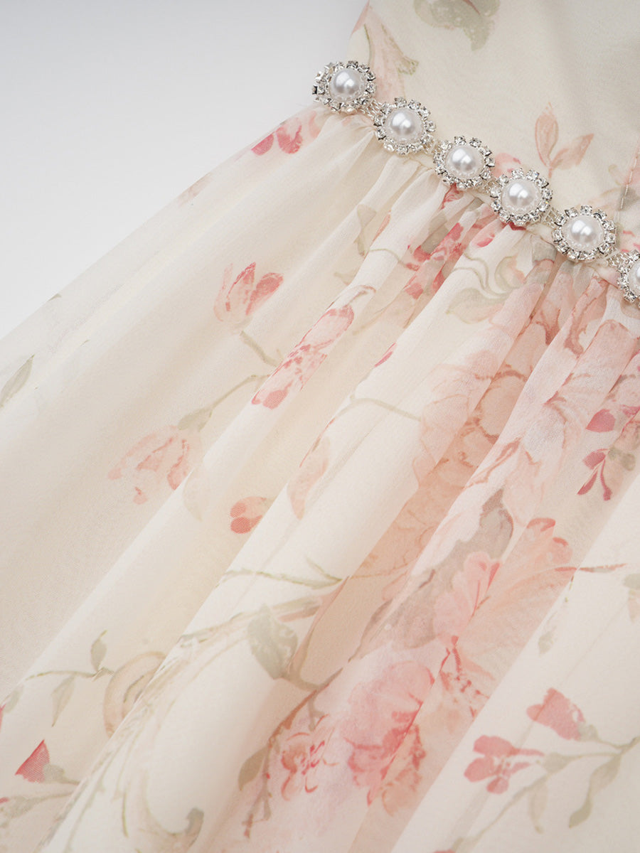 Light Champagne Sleeveless Halter Chiffon Floral Prom Dresses