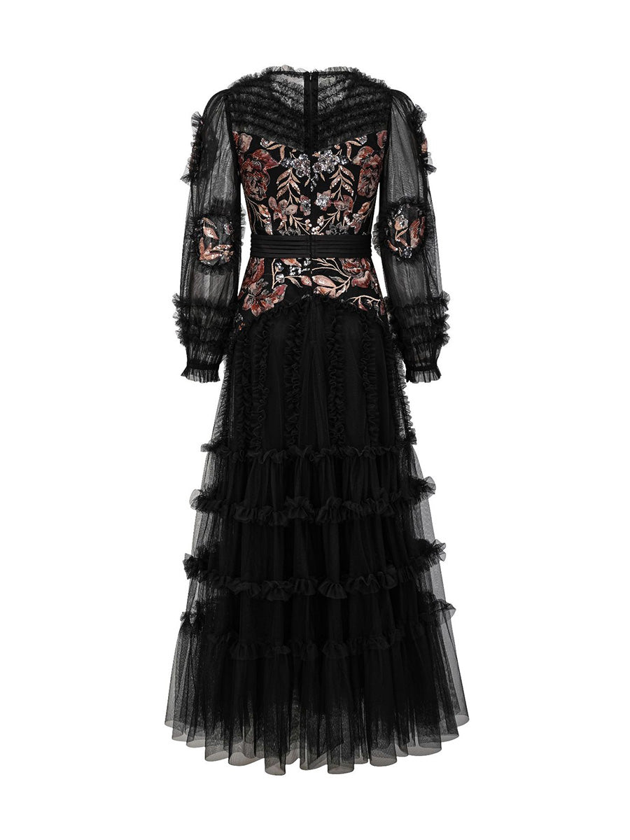Pretty Black Tulle Long Sleeves Prom Dresses With Floral Sequin Lace