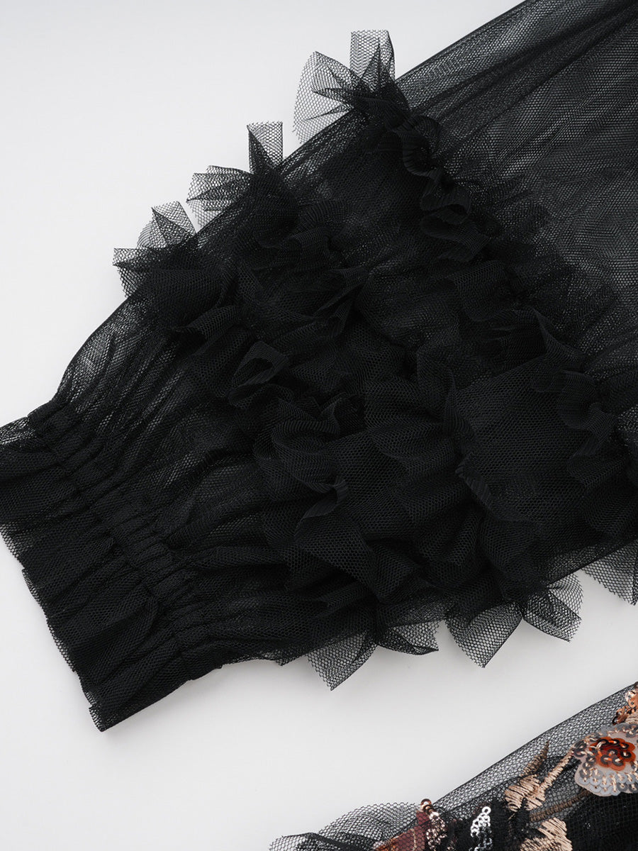 Pretty Black Tulle Long Sleeves Prom Dresses With Floral Sequin Lace