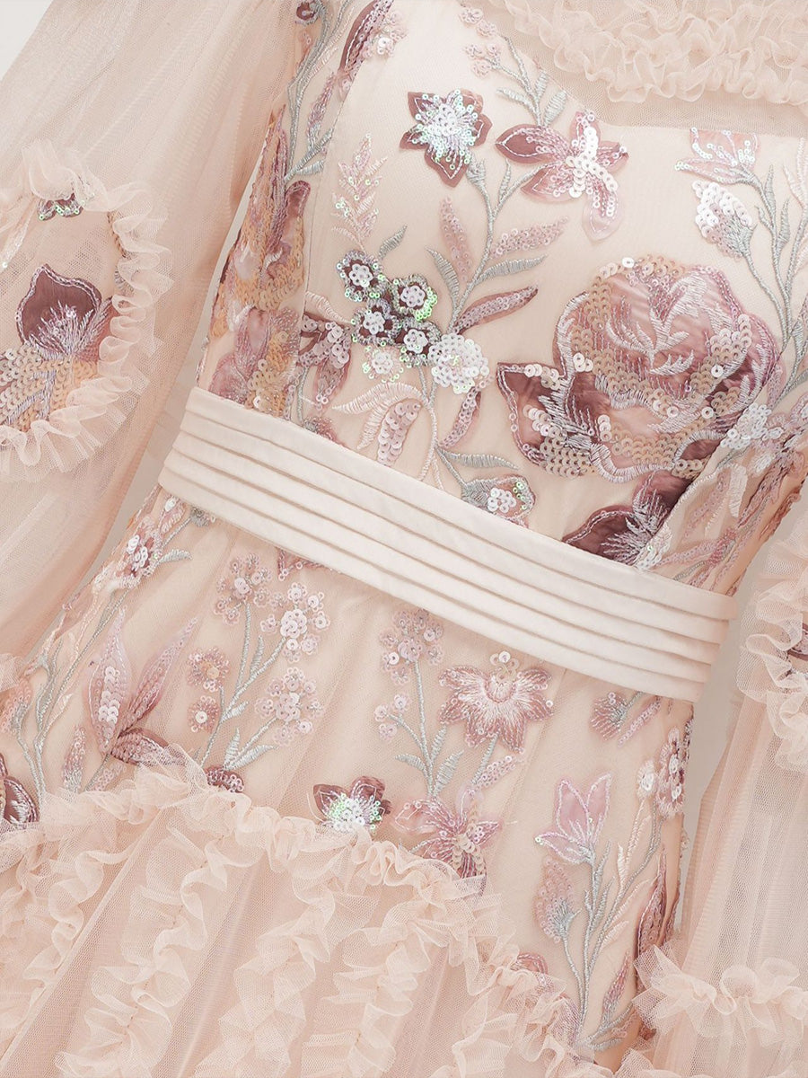 Gorgeous Lace Tulle Floral Prom Dresses With Long Sleeves