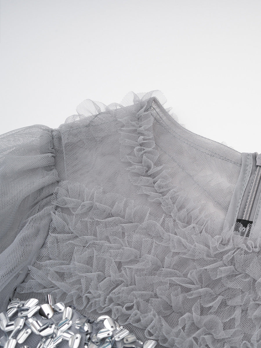 Pretty Silver Gray Ruffles Tulle Prom Dresses With Long Sleeves