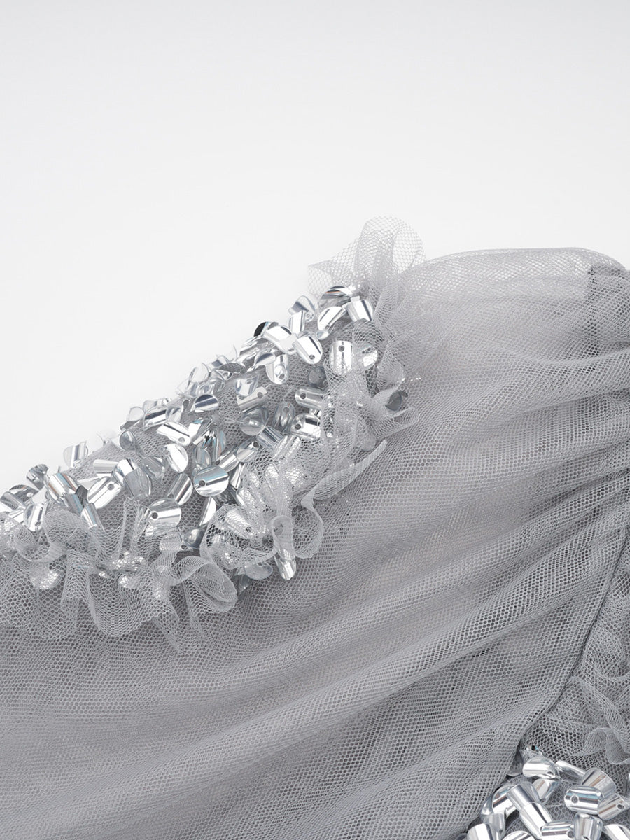 Pretty Silver Gray Ruffles Tulle Prom Dresses With Long Sleeves