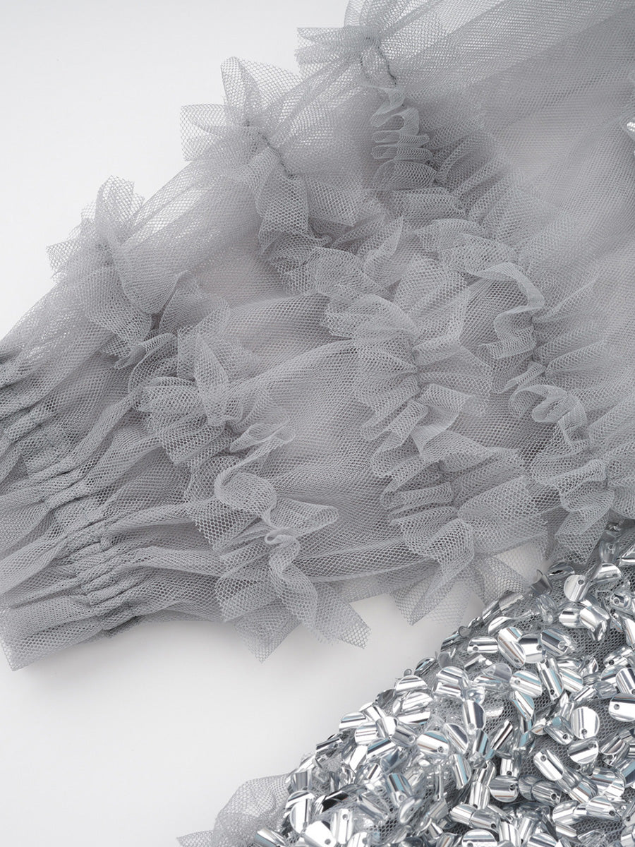 Pretty Silver Gray Ruffles Tulle Prom Dresses With Long Sleeves