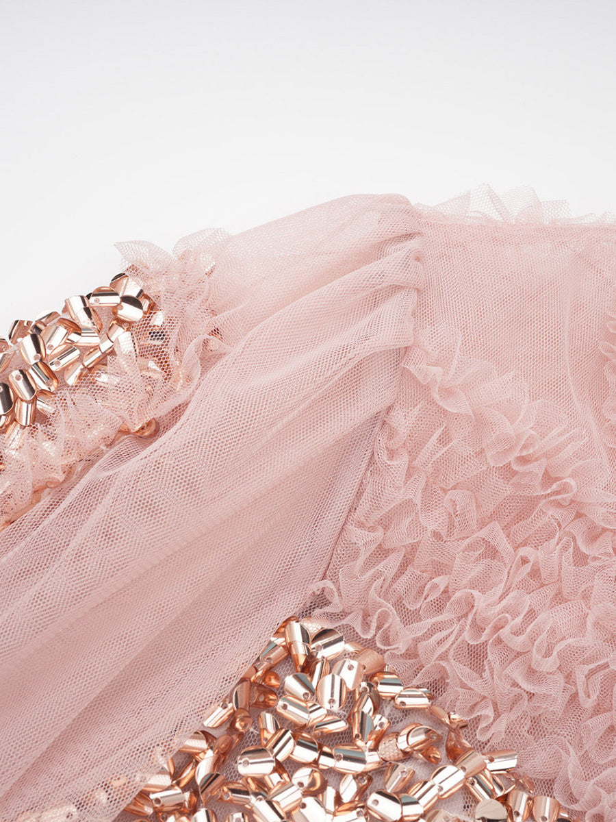 Beautiful Rose Gold Long Sleeves Sequin Tulle Ruffles Prom Dresses