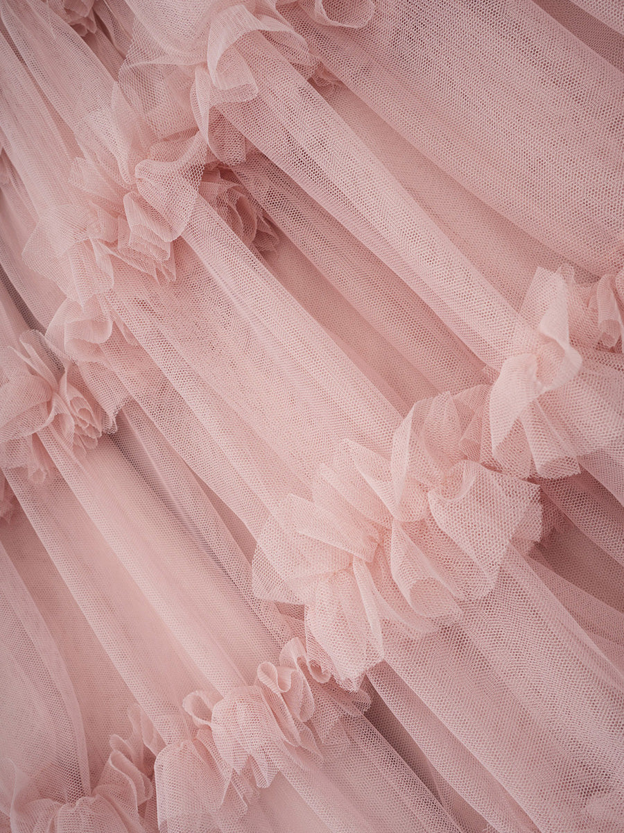 Beautiful Rose Gold Long Sleeves Sequin Tulle Ruffles Prom Dresses