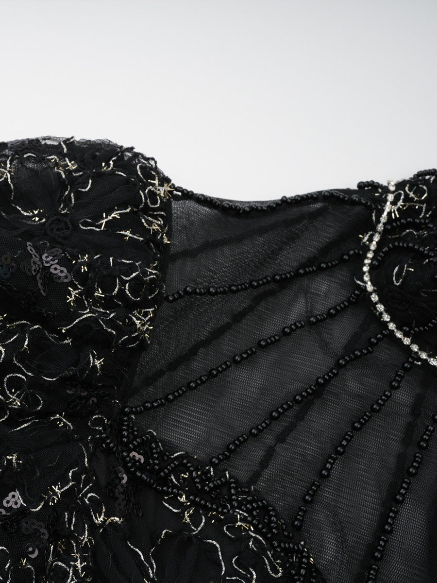 Charming Black Floral Lace A-line Prom Dresses With Puff Long Sleeves