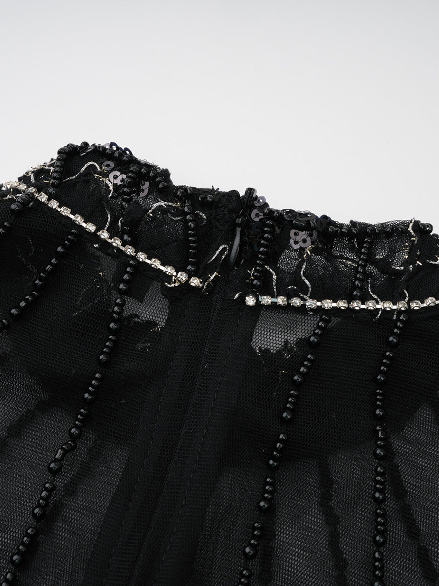 Charming Black Floral Lace A-line Prom Dresses With Puff Long Sleeves