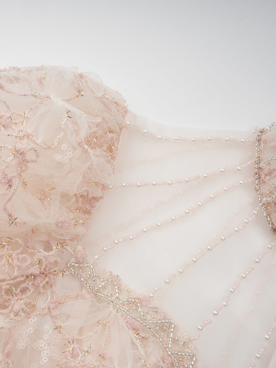 Lovely Floral Lace Long Sleeves Beading Princess Prom Dresses