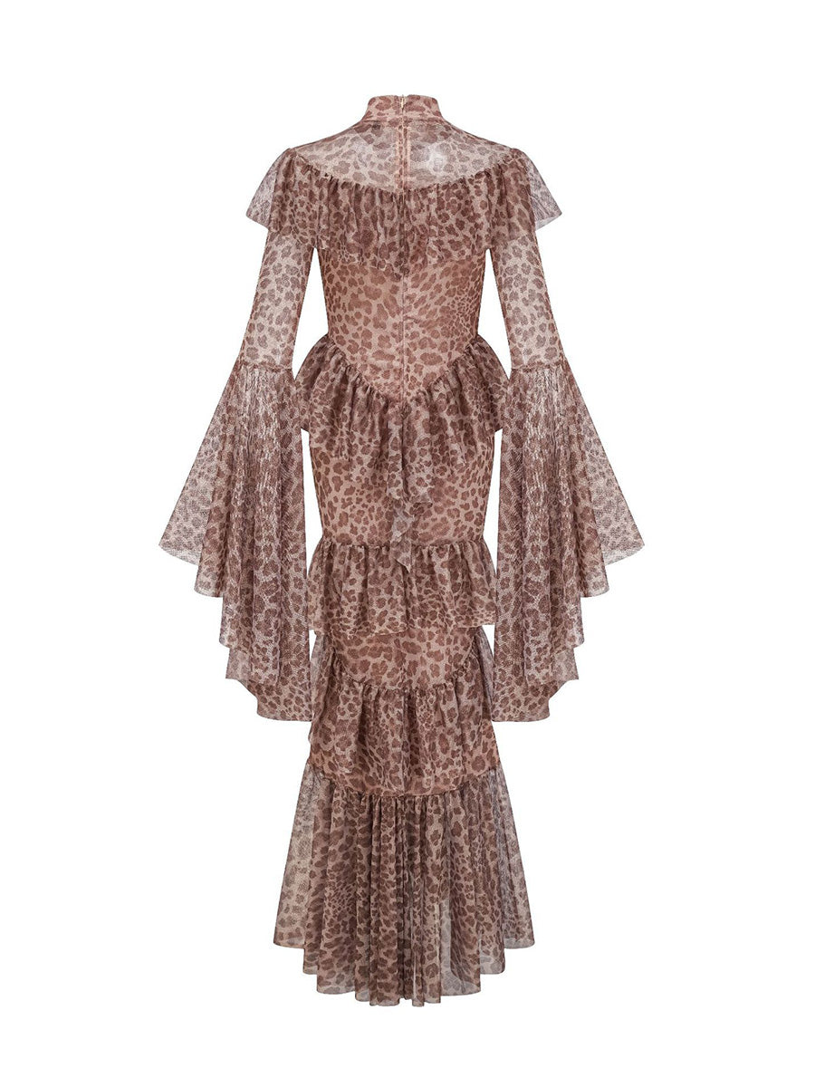 Mermaid Leopard Print Tulle Long Prom Dresses With Trumpet Sleeves