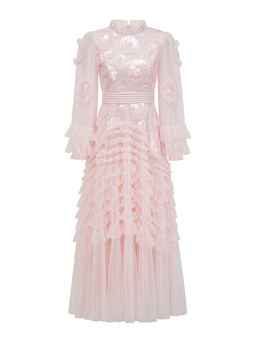 Pink dress with floral details on a white background