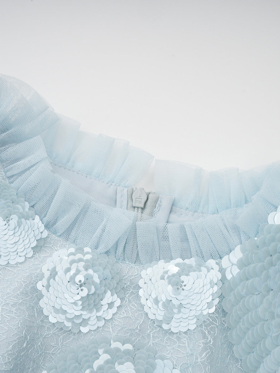 Elegant Ligh Blue Long Sleeves Ruffles Tulle Prom Dresses With Sequin Flowers