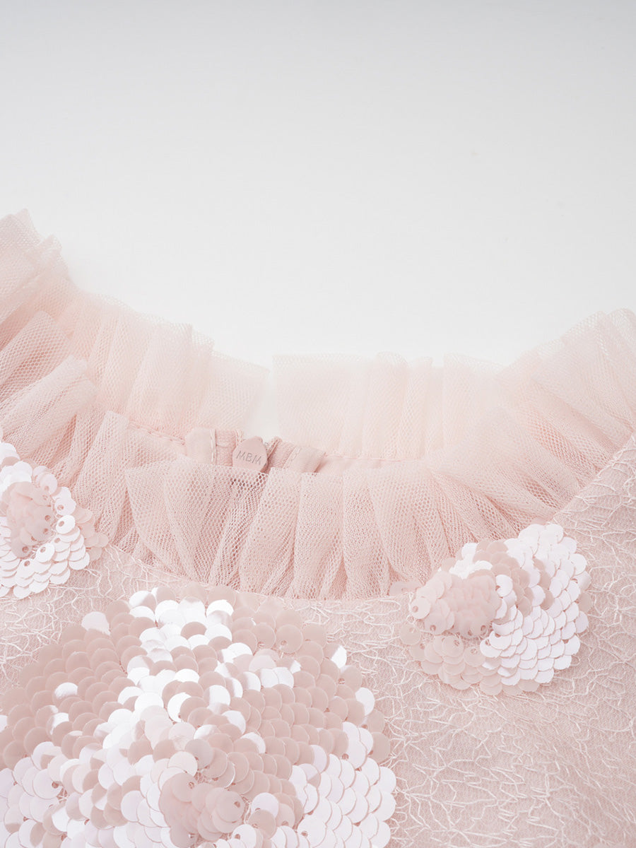 Pink Ruffles Tulle Long Sleeves Prom Dresses With Sequin Flower