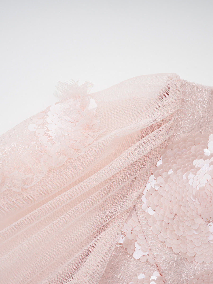 Pink Ruffles Tulle Long Sleeves Prom Dresses With Sequin Flower