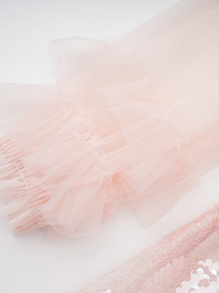 Pink Ruffles Tulle Long Sleeves Prom Dresses With Sequin Flower