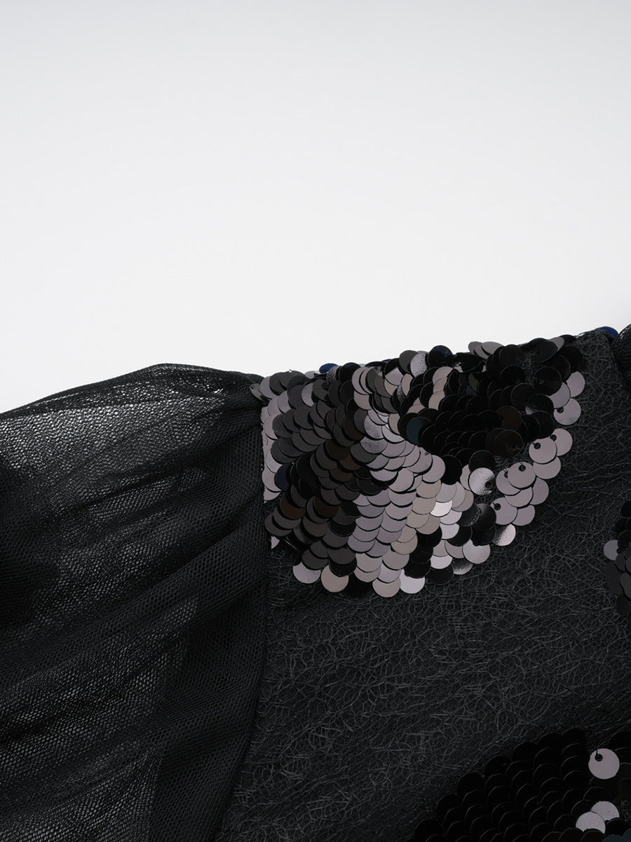 Formal Black Long Sleeves Ruffles Tulle Sequin Prom Dresses