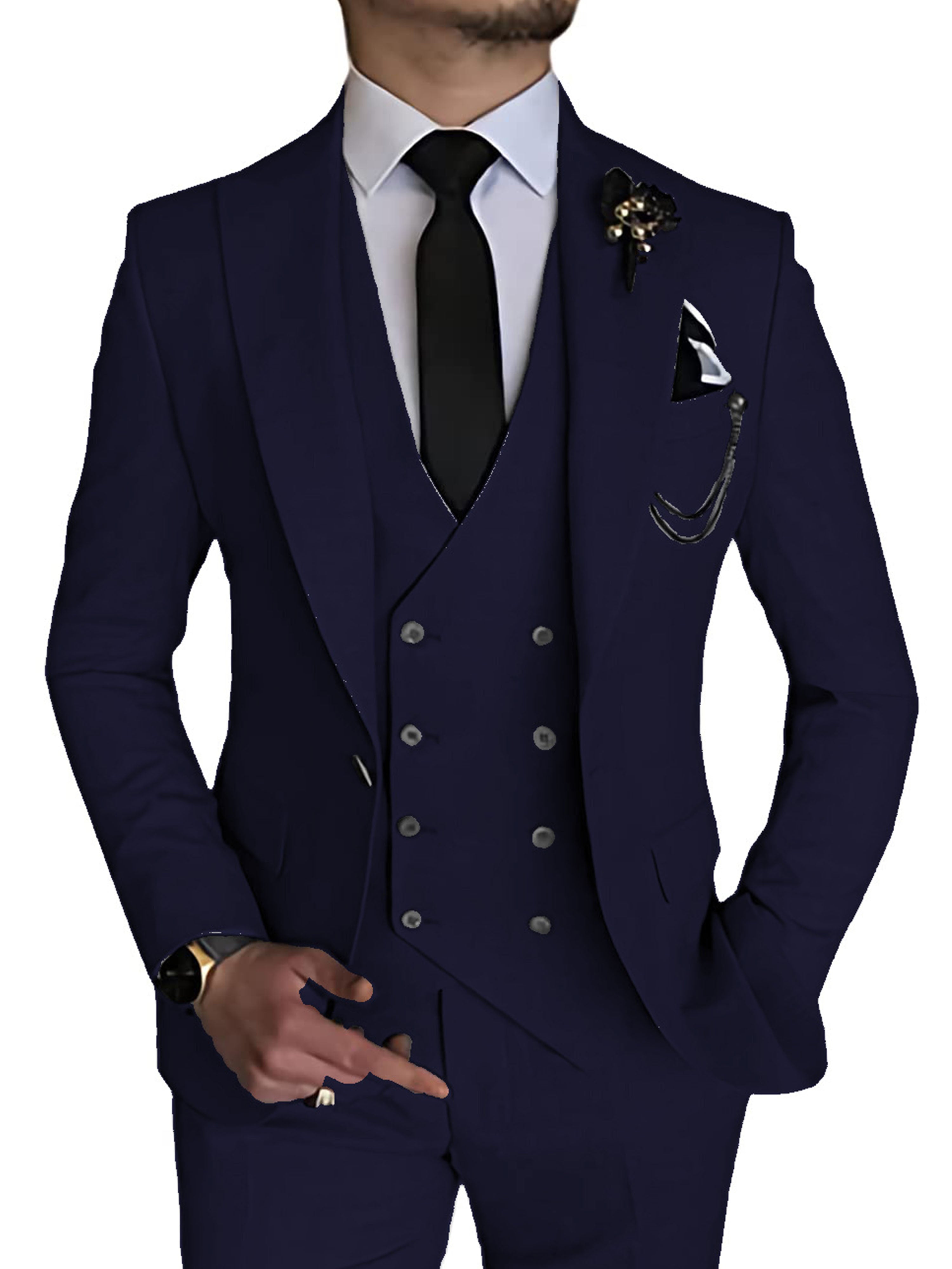 navy blue dress vest Elegant Double Breasted 3 Pieces Solid Color Slim Fit Men's Suits Size:SMALL - MEDIUM Chantal Velvet Pencil Short atf-sm-02.19.26 Dress it up with