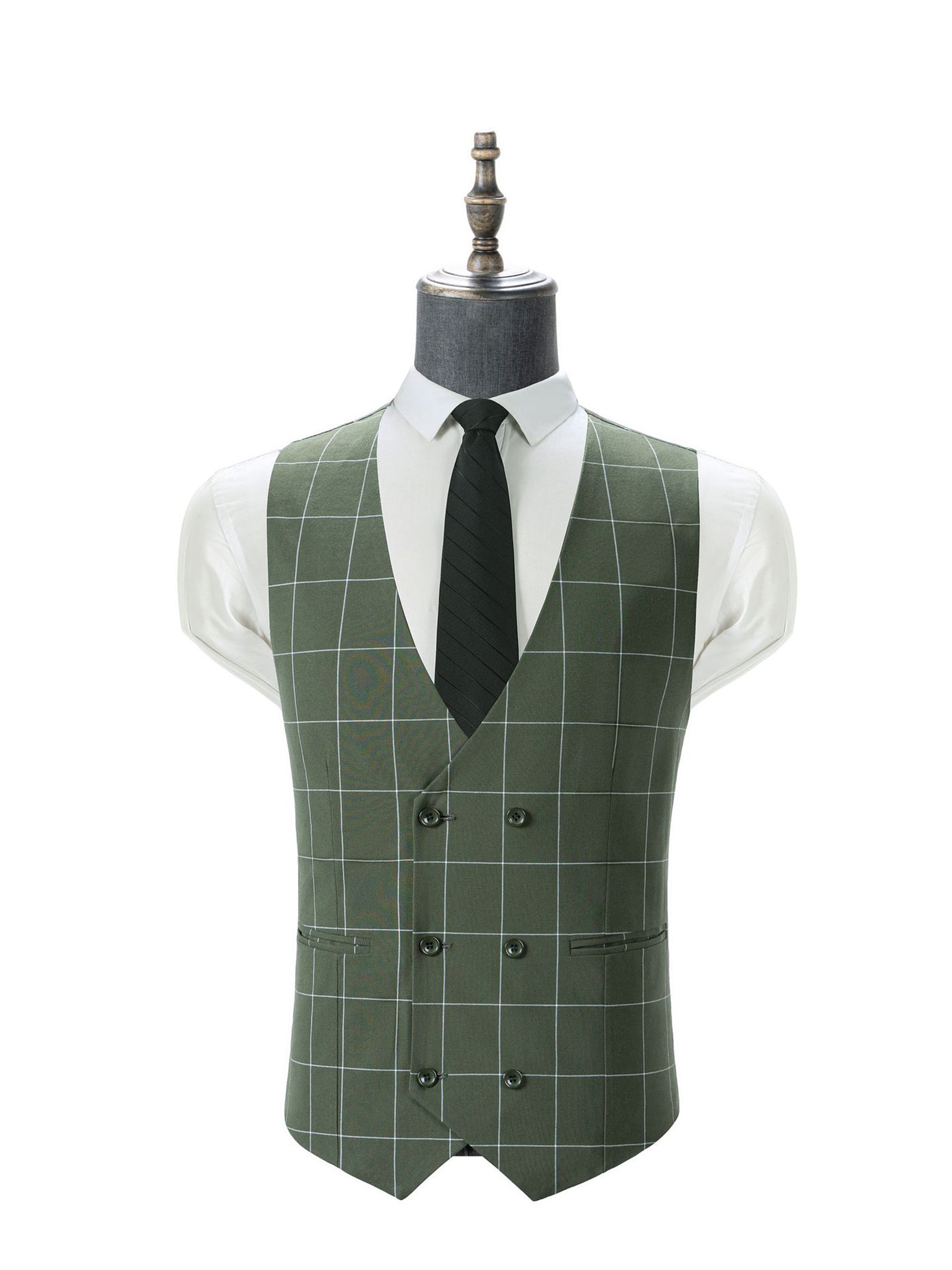 Casual Plaid 3 Pieces Slim Fit Double Breasted Vest Men's Suits