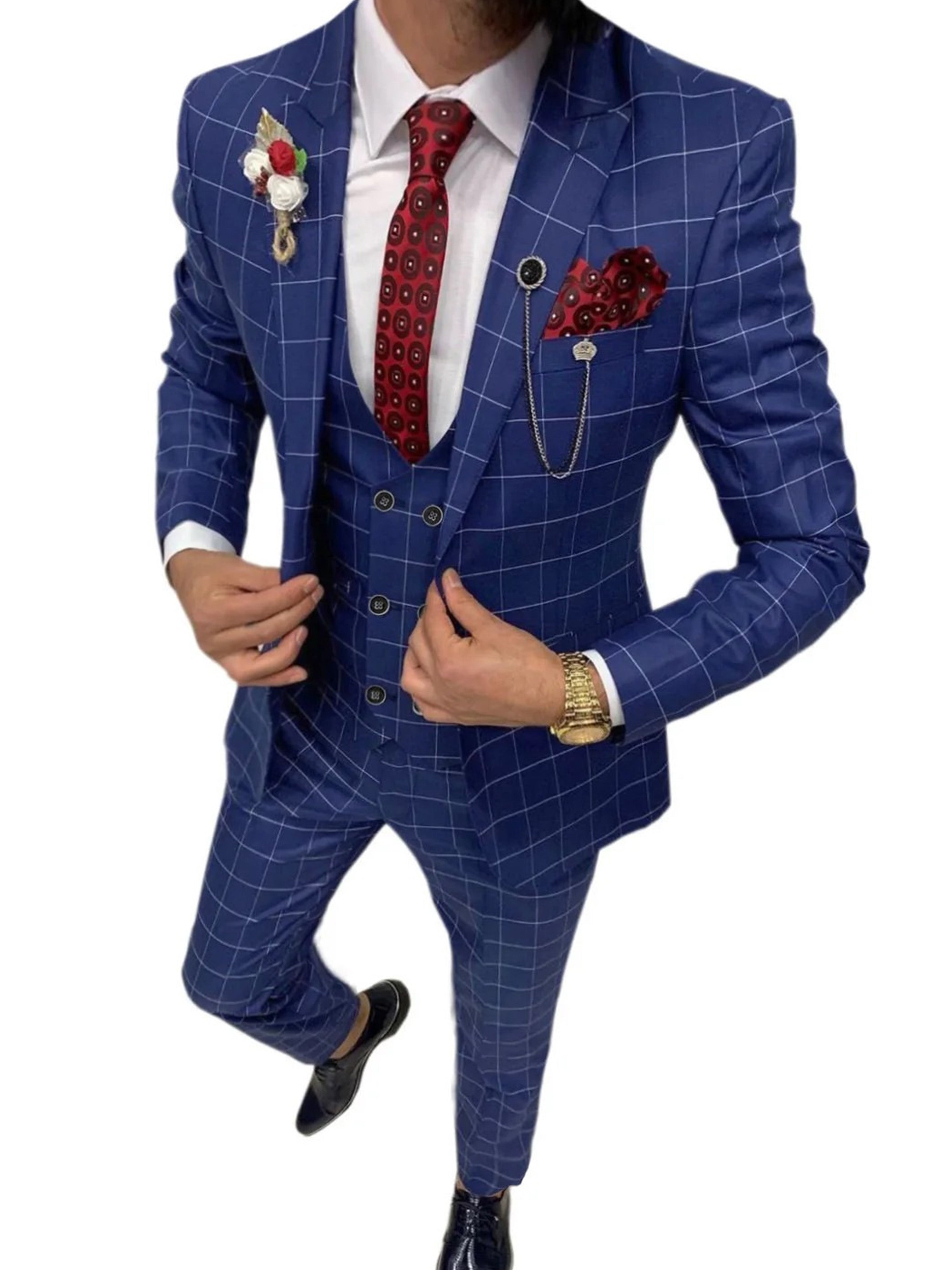 Casual Royal Blue Plaid 3 Pieces Slim Fit Double Breasted Vest Men's Suits Casual Royal Blue Plaid 3 Pieces Slim Fit Double Breasted Vest Men's Suits