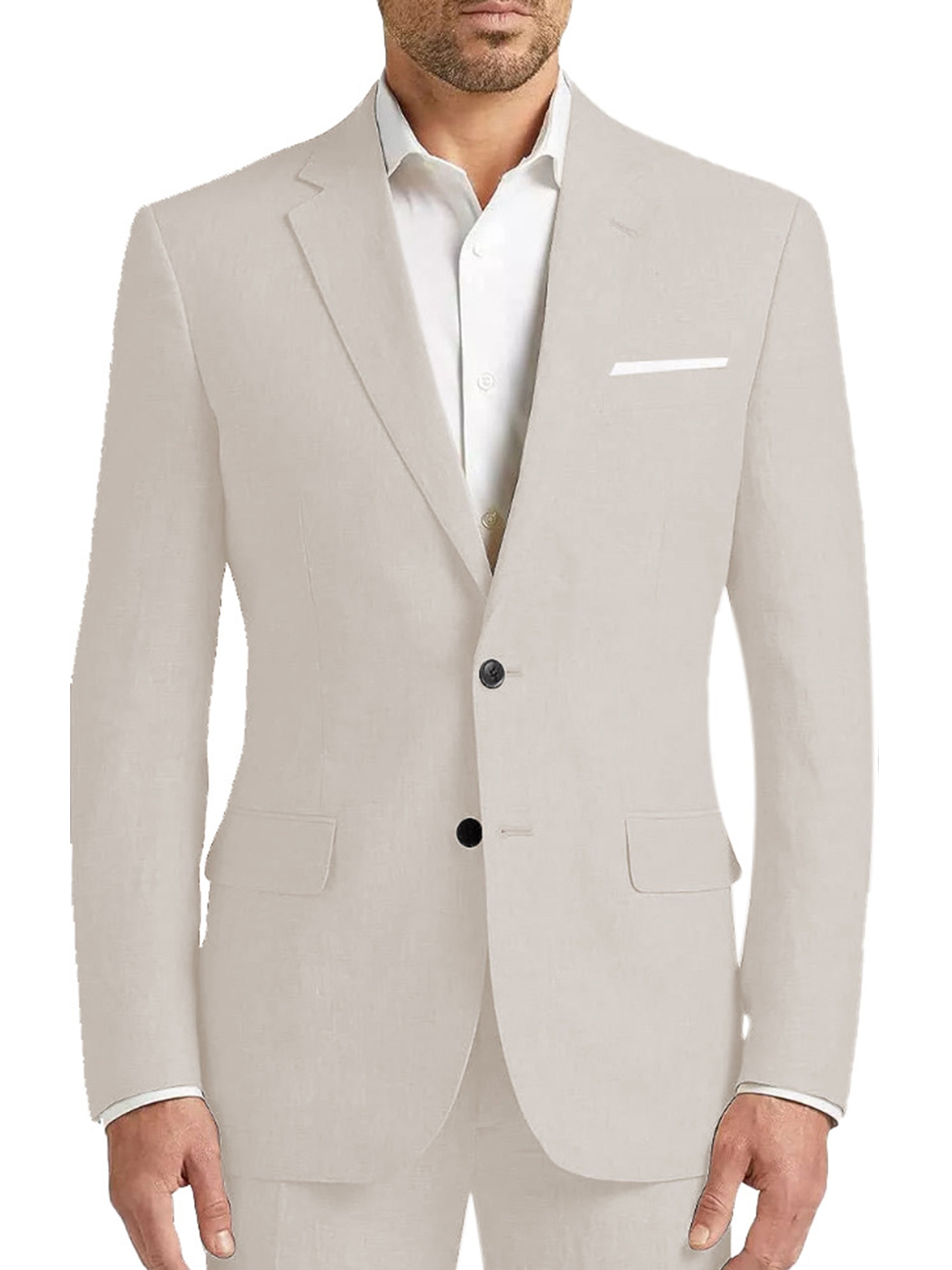 Casual Beige Solid Color Flax Single Breasted 2 Pieces Slim Fit Men's