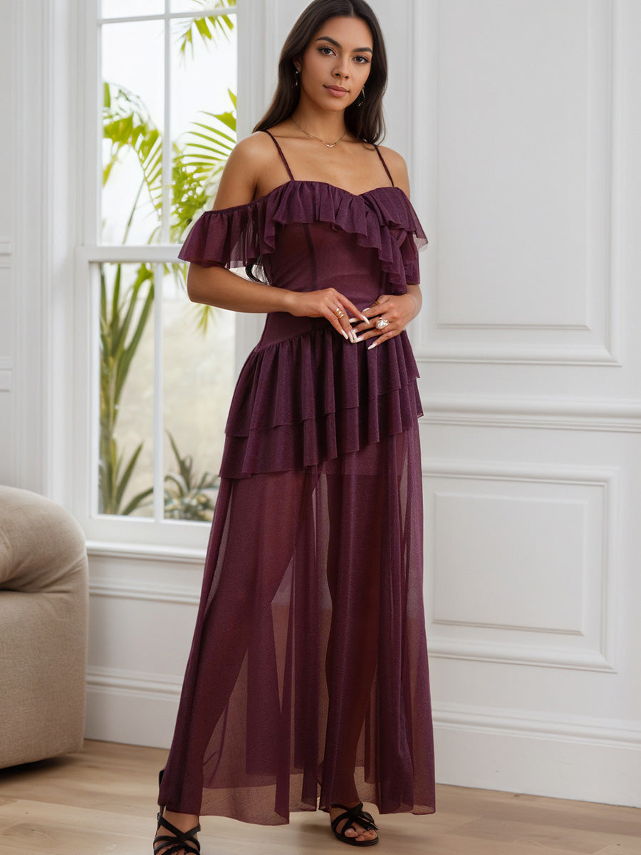Simple Spaghetti Straps Grape Layers Sheer Tulle Prom Dresses