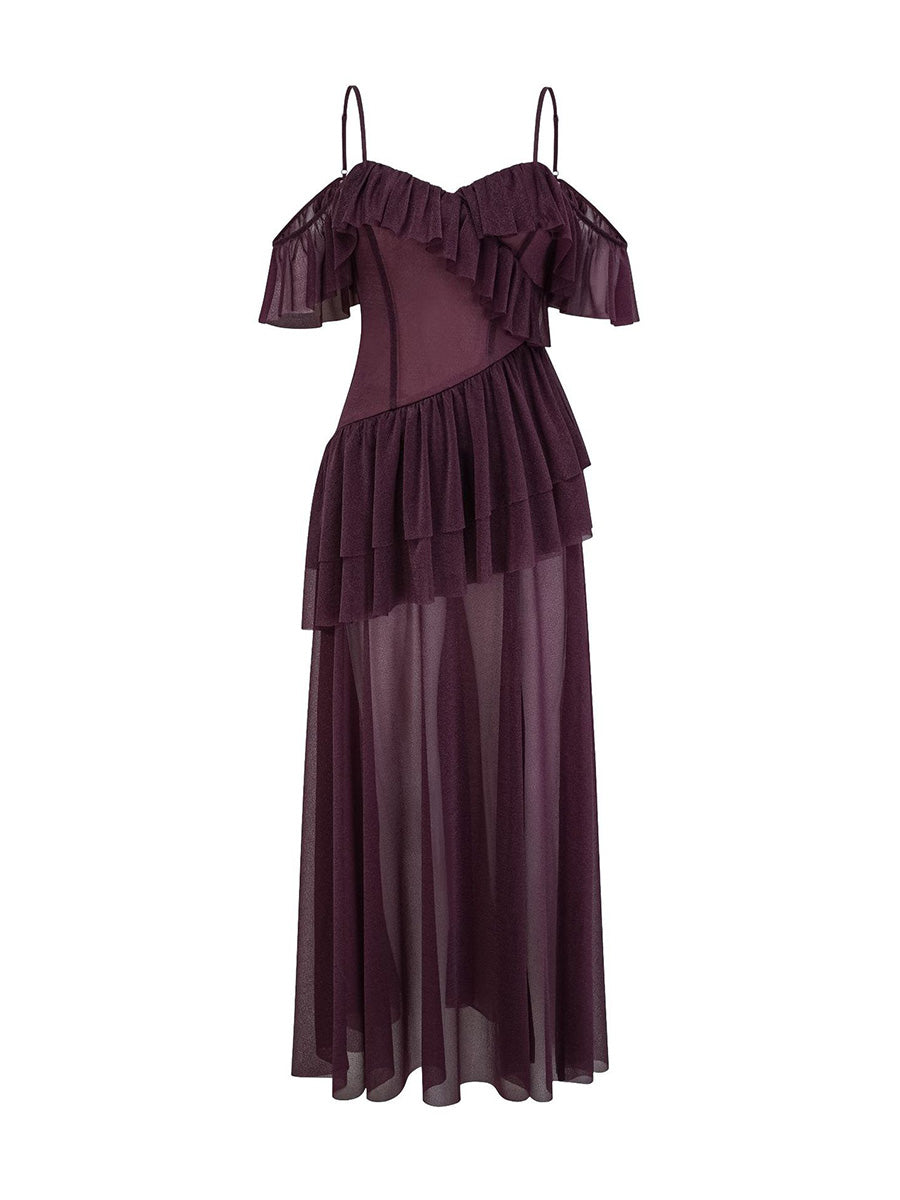 Simple Spaghetti Straps Grape Layers Sheer Tulle Prom Dresses