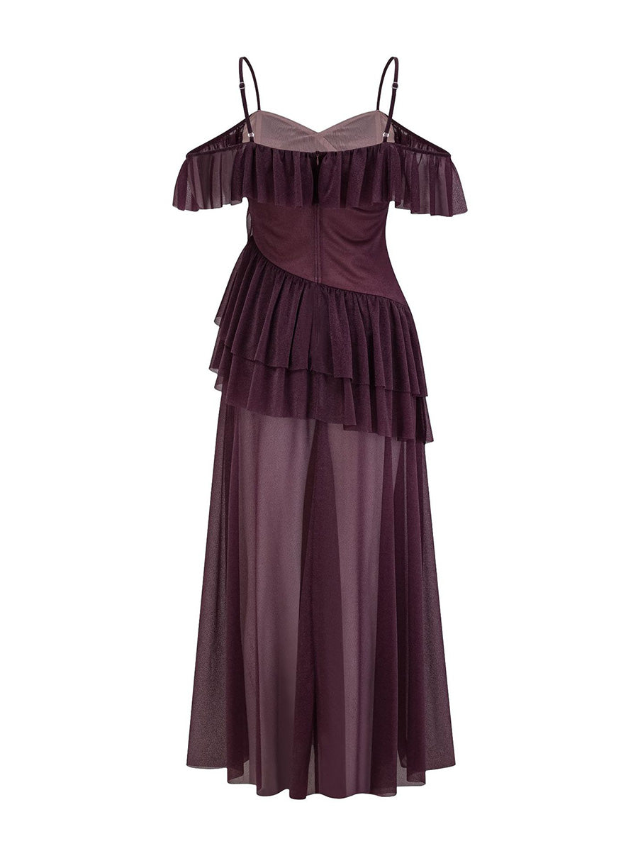 Simple Spaghetti Straps Grape Layers Sheer Tulle Prom Dresses