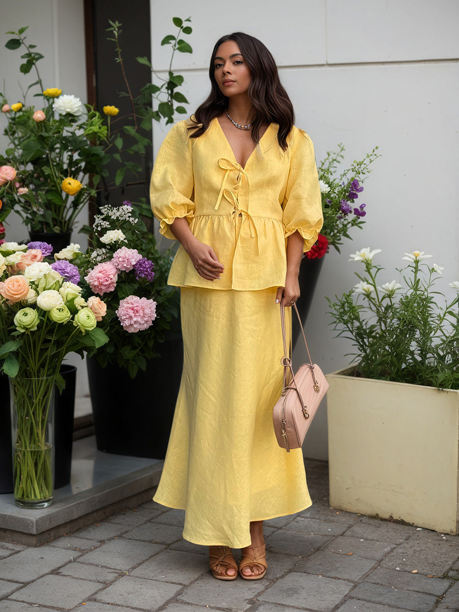 Yellow V-Neck Short Sleeves Midi Skirt Ensemble Ruffled Wedding Guest Dresses Suits