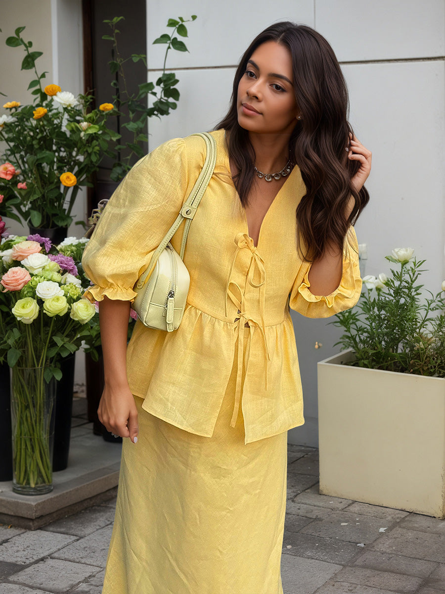 Yellow V-Neck Short Sleeves Midi Skirt Ensemble Ruffled Wedding Guest Dresses Suits