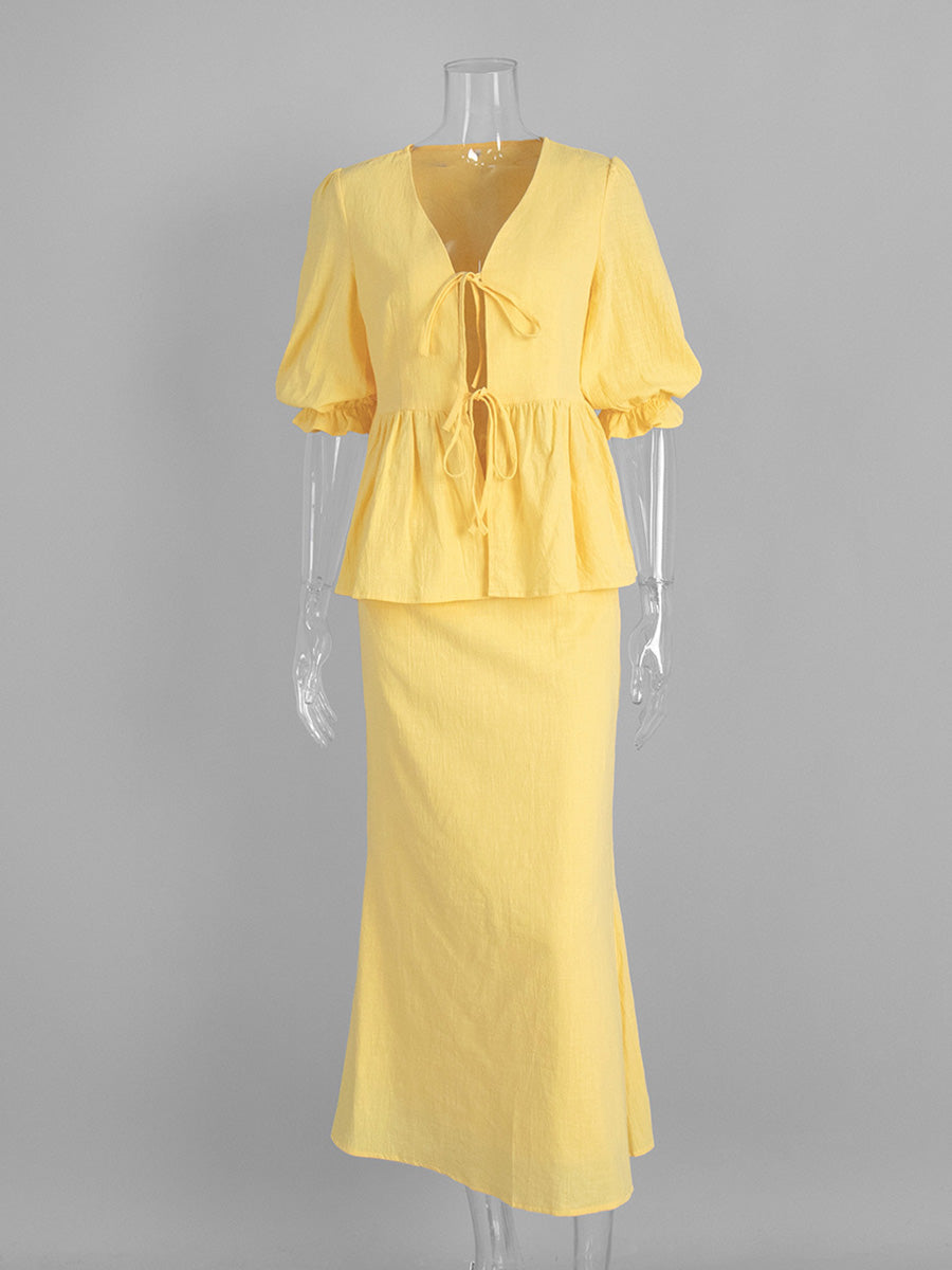 Yellow V-Neck Short Sleeves Midi Skirt Ensemble Ruffled Wedding Guest Dresses Suits