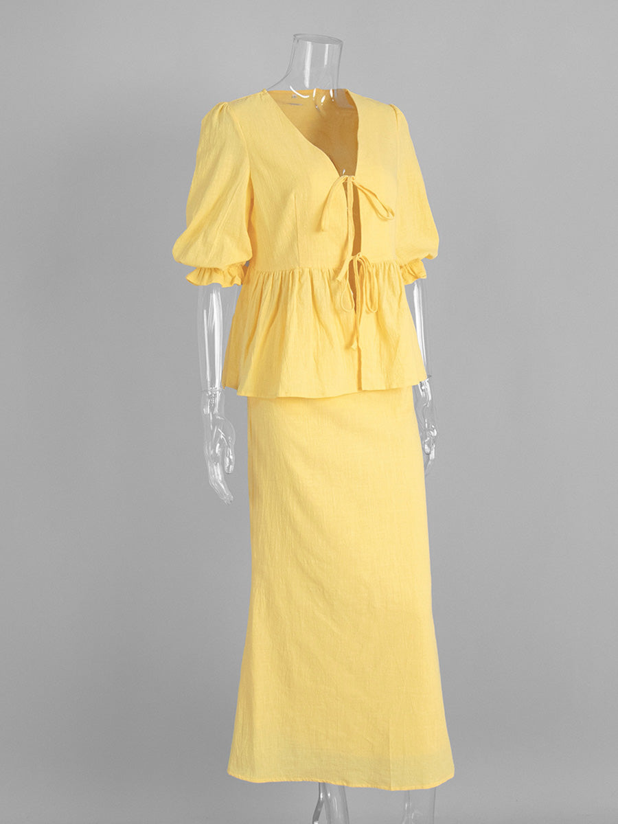 Yellow V-Neck Short Sleeves Midi Skirt Ensemble Ruffled Wedding Guest Dresses Suits