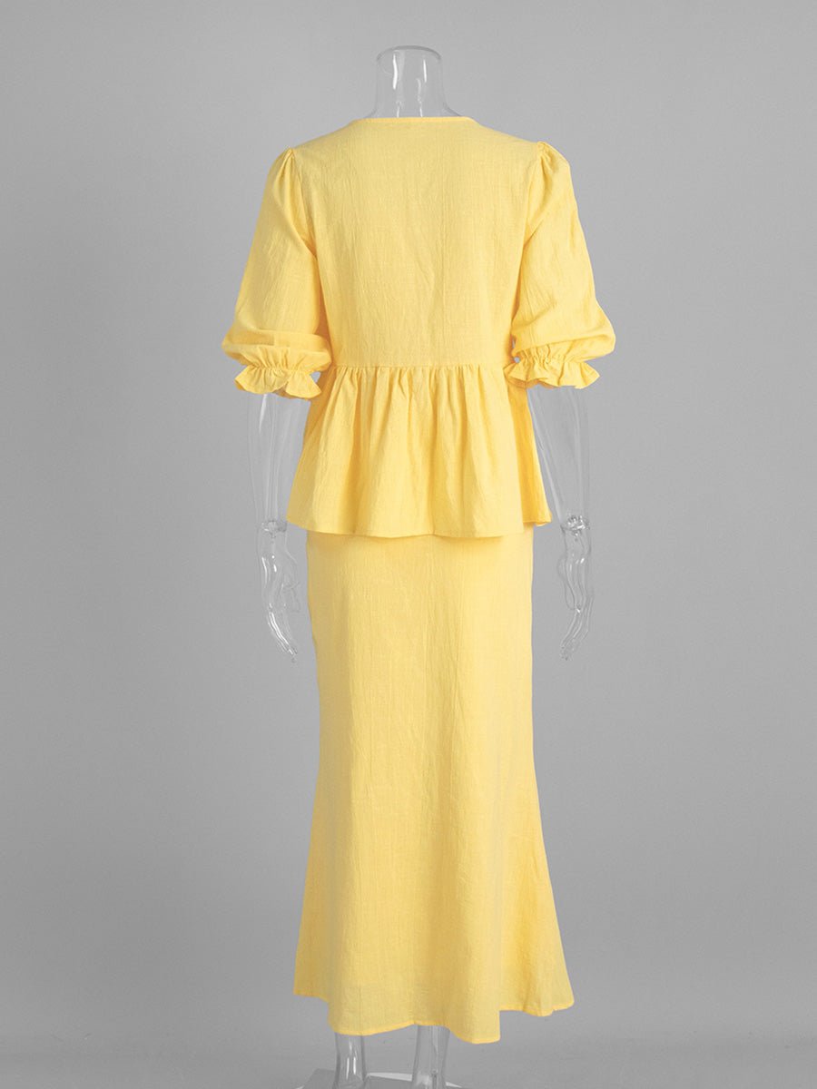 Yellow V-Neck Short Sleeves Midi Skirt Ensemble Ruffled Wedding Guest Dresses Suits