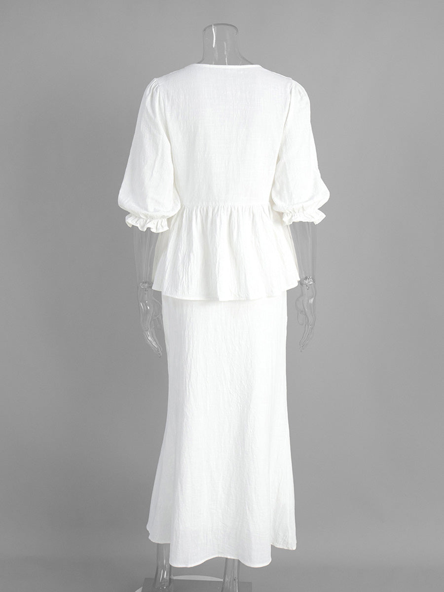 White V-Neck Short Sleeves Midi Skirt Ensemble Ruffled Wedding Guest Dresses Suits