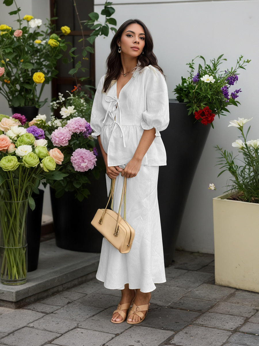 White V-Neck Short Sleeves Midi Skirt Ensemble Ruffled Wedding Guest Dresses Suits